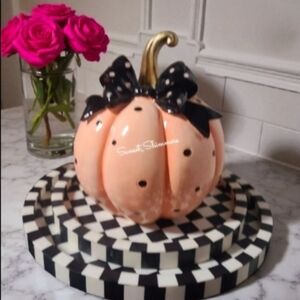 Mackenzie Style Pink & Black Dotty Pumpkin Coquette Bow Fall Halloween Decor NEW